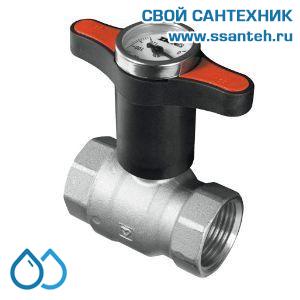 14630 HERZ 1220164 Кран шаровой красная ручка с термометром, DN32, PN25, 0...+120°C, Kvs 102 м3/час, никелированный